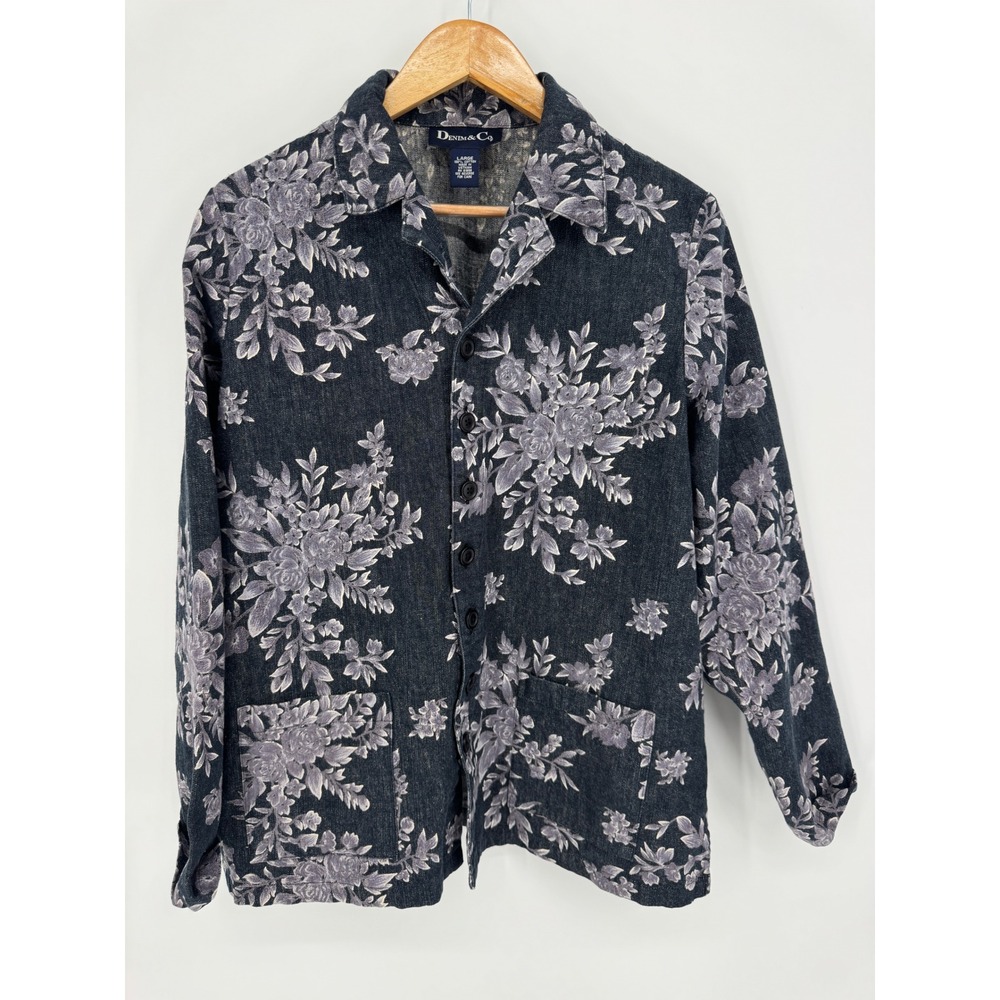 Denim & Co Floral Chore Jacket Womens L Blue Cotton Button Up Western Cottage